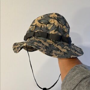 Patagonia Green and Tan Bucket Hat with Wide Brim and Chin Strap